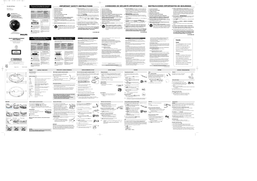 Philips Portable CD Player important safety instructions Need help? Call us, PHILIPS1-888-744-5477, Product Safety 