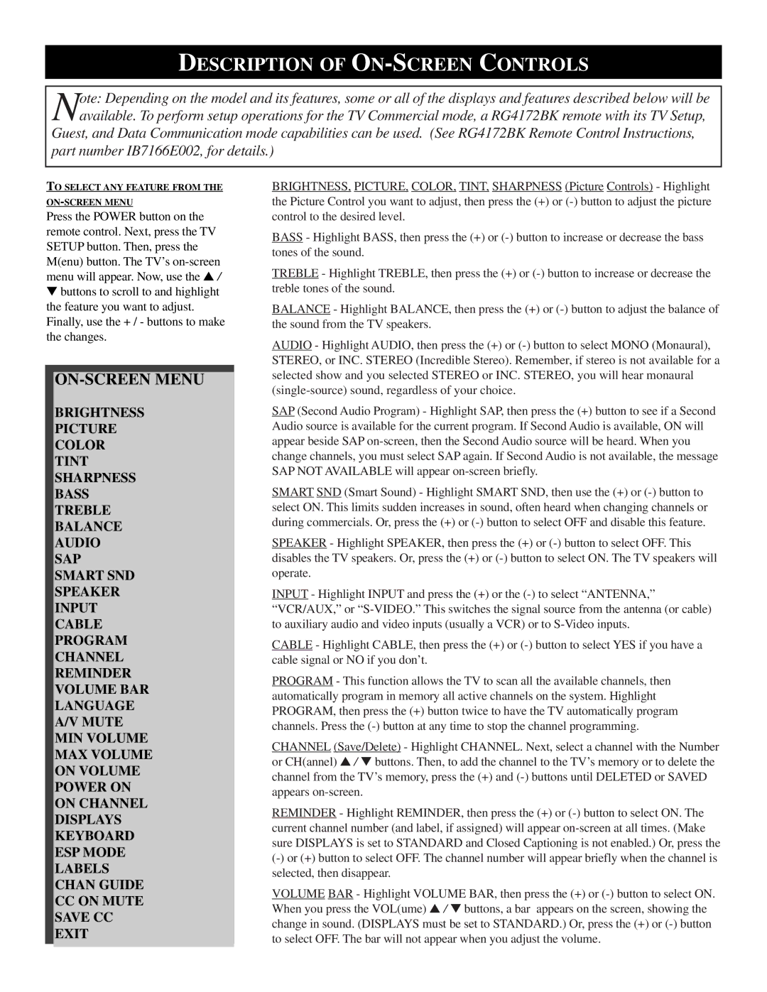 Philips PPC732C manual Description of ON-SCREEN Controls, ON-SCREEN Menu 