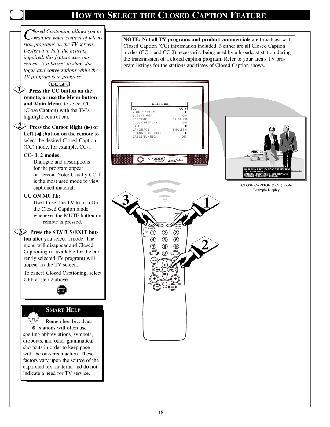 Philips PA9019C1 manual HOW to Select the Closed Caption Feature, Press the CC button on, Remote, or use the Menu button 