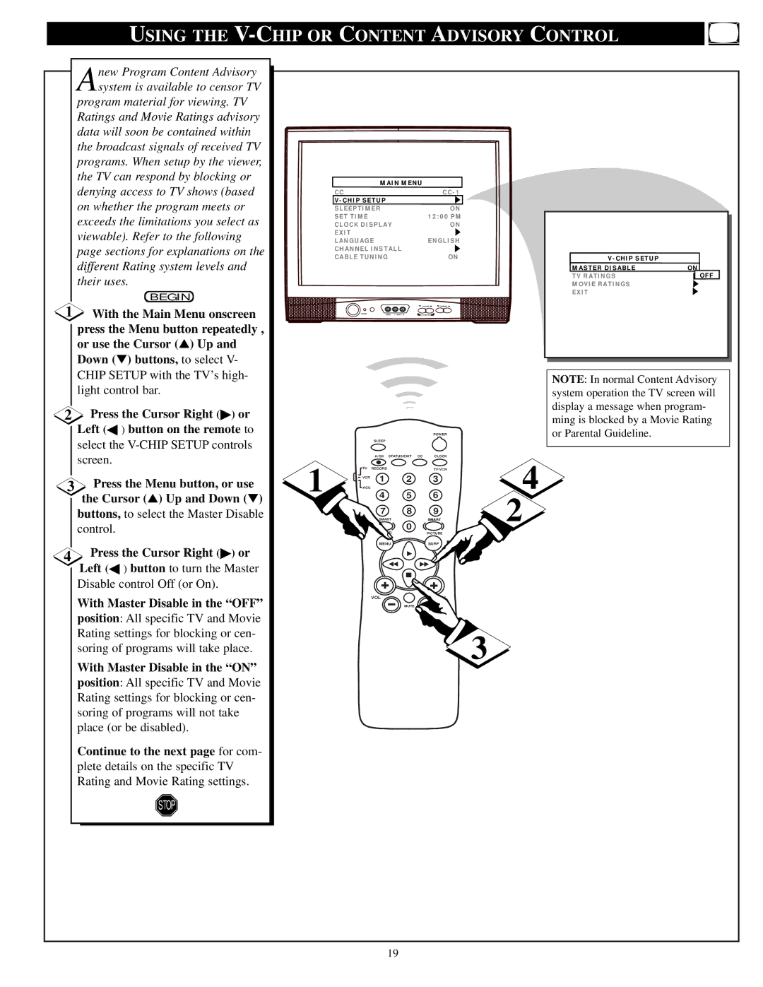 Philips PA9027C1 Using the V-CHIP or Content Advisory Control, Press the Cursor Right or Left button to turn the Master 