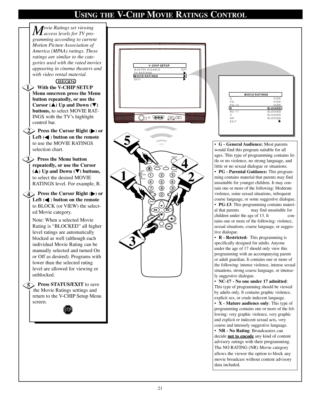 Philips PPC932C1, PPC927C1, PA9032C1, PA9019C1, PA9027C1 manual Using the V-CHIP Movie Ratings Control 