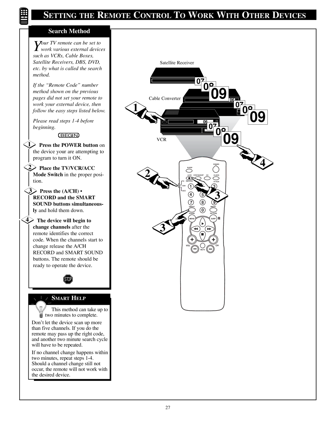 Philips PA9032C1, PPC927C1 Press the Power button on, Press the A/CH, Record and the Smart, Sound buttons simultaneous 