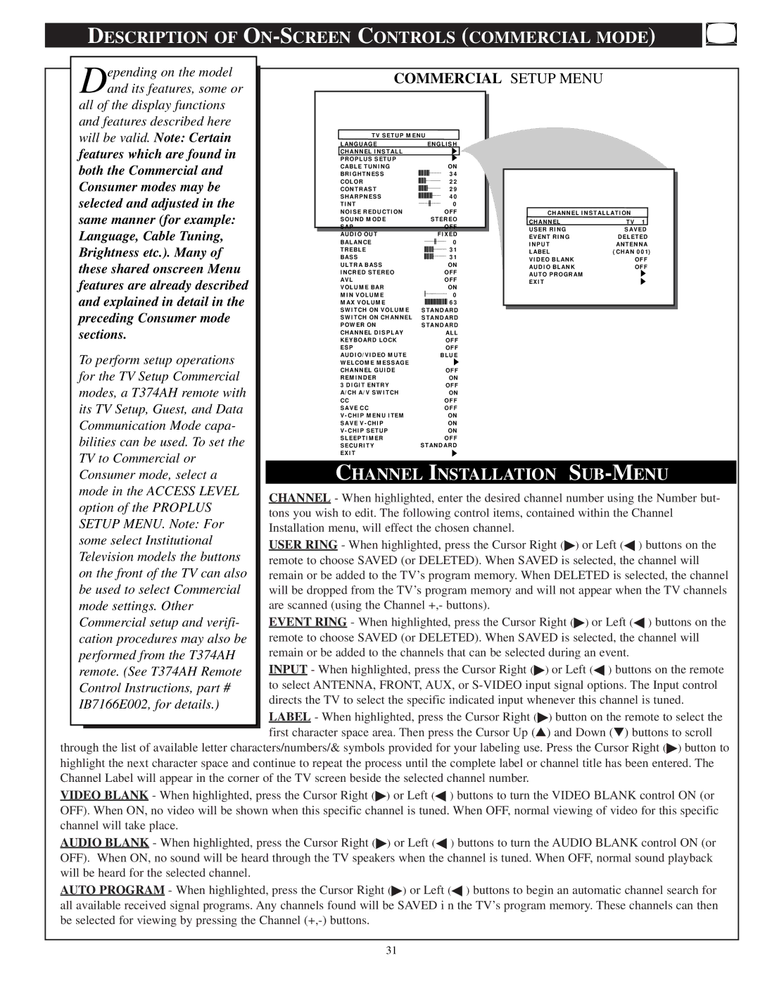 Philips PPC932C1, PPC927C1, PA9032C1 Description of on -SCREEN Controls Commercial Mode, Channel Installation SUB -MENU 