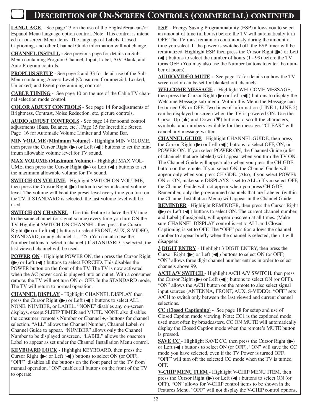 Philips PA9032C1, PPC927C1, PPC932C1, PA9019C1, PA9027C1 manual Description of ON-SCREEN Controls Commercial 