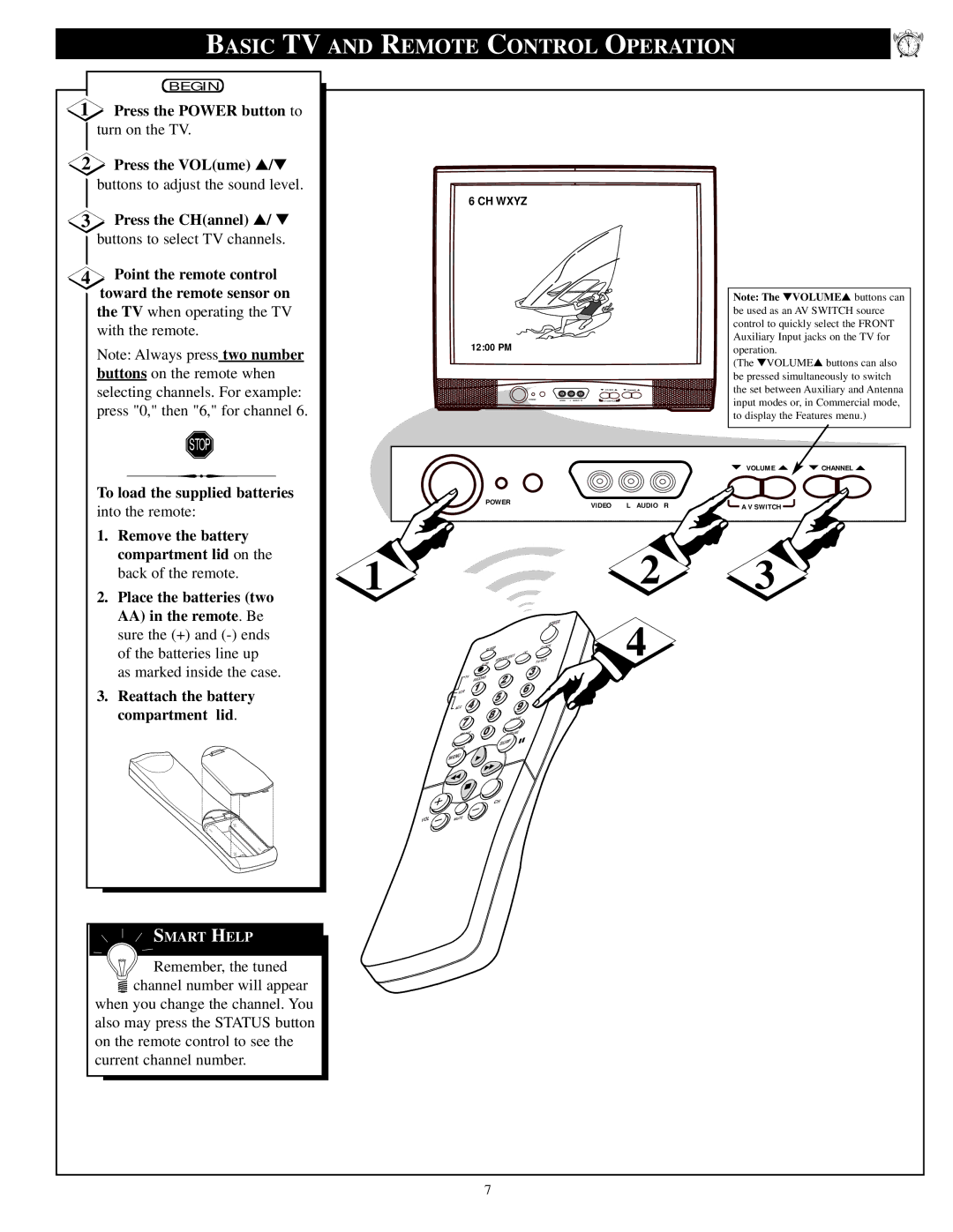 Philips PA9032C1 manual Basic TV and Remote Control Operation, Press the Power button to turn on the TV Press the VOLume 