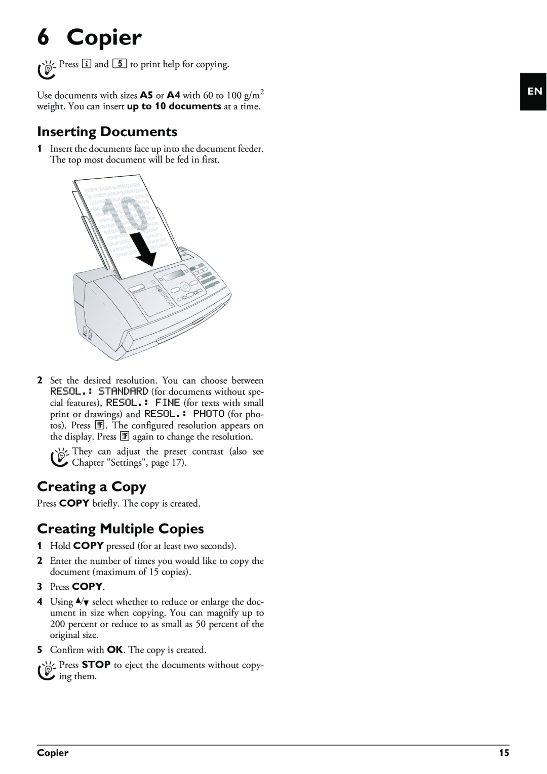 Philips PPF 620 user manual Copier, Inserting Documents, Creating a Copy, Creating Multiple Copies 