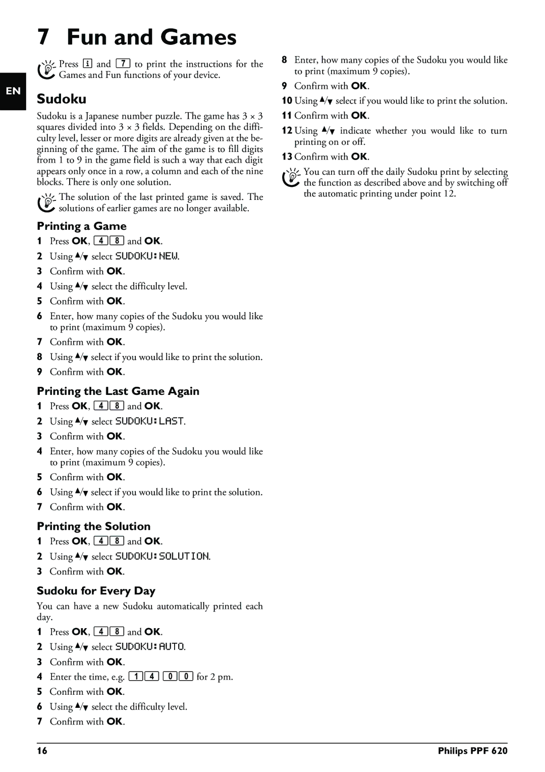 Philips PPF 620 user manual Fun and Games, Sudoku 