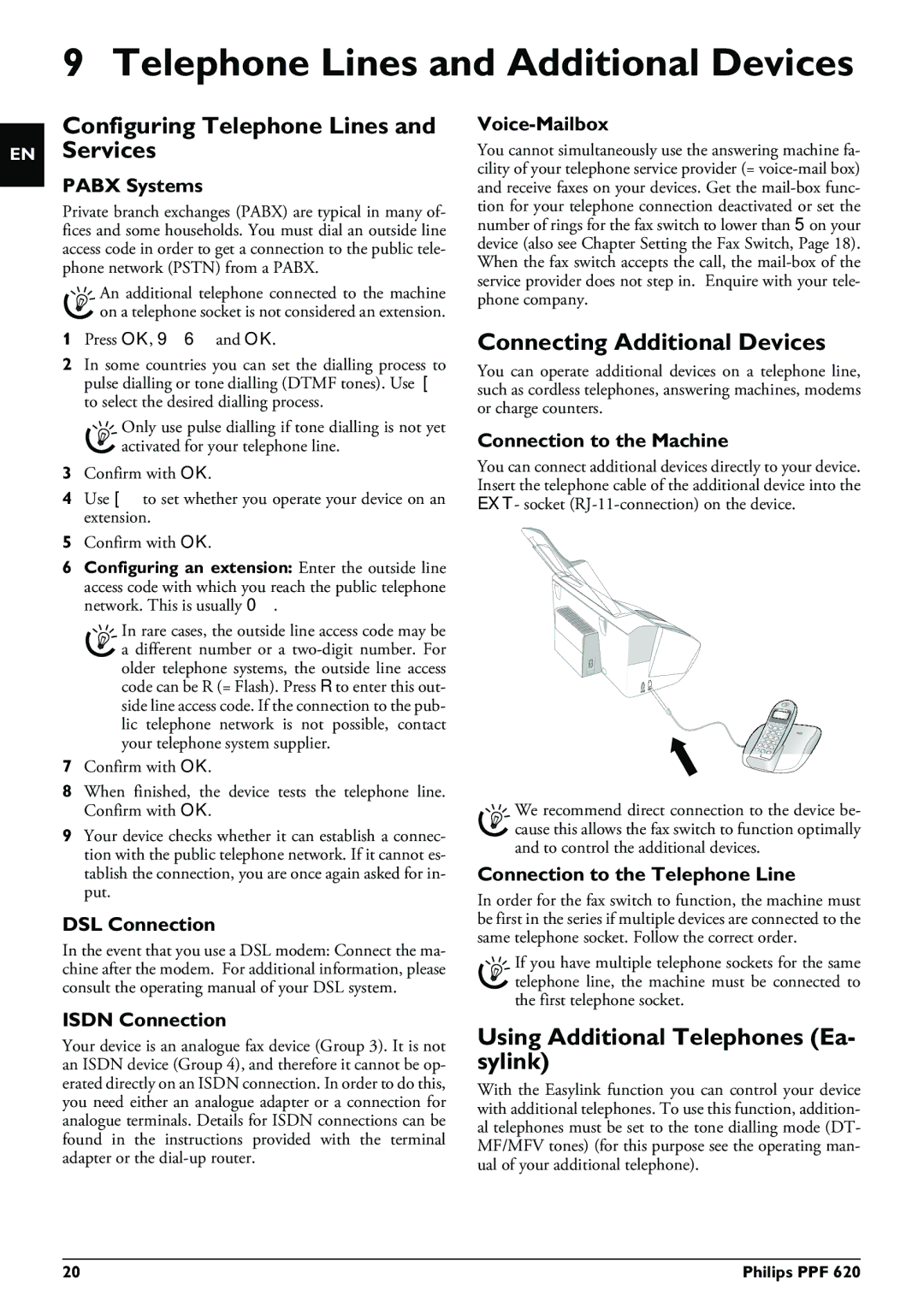 Philips PPF 620 user manual Telephone Lines and Additional Devices, Configuring Telephone Lines and Services 