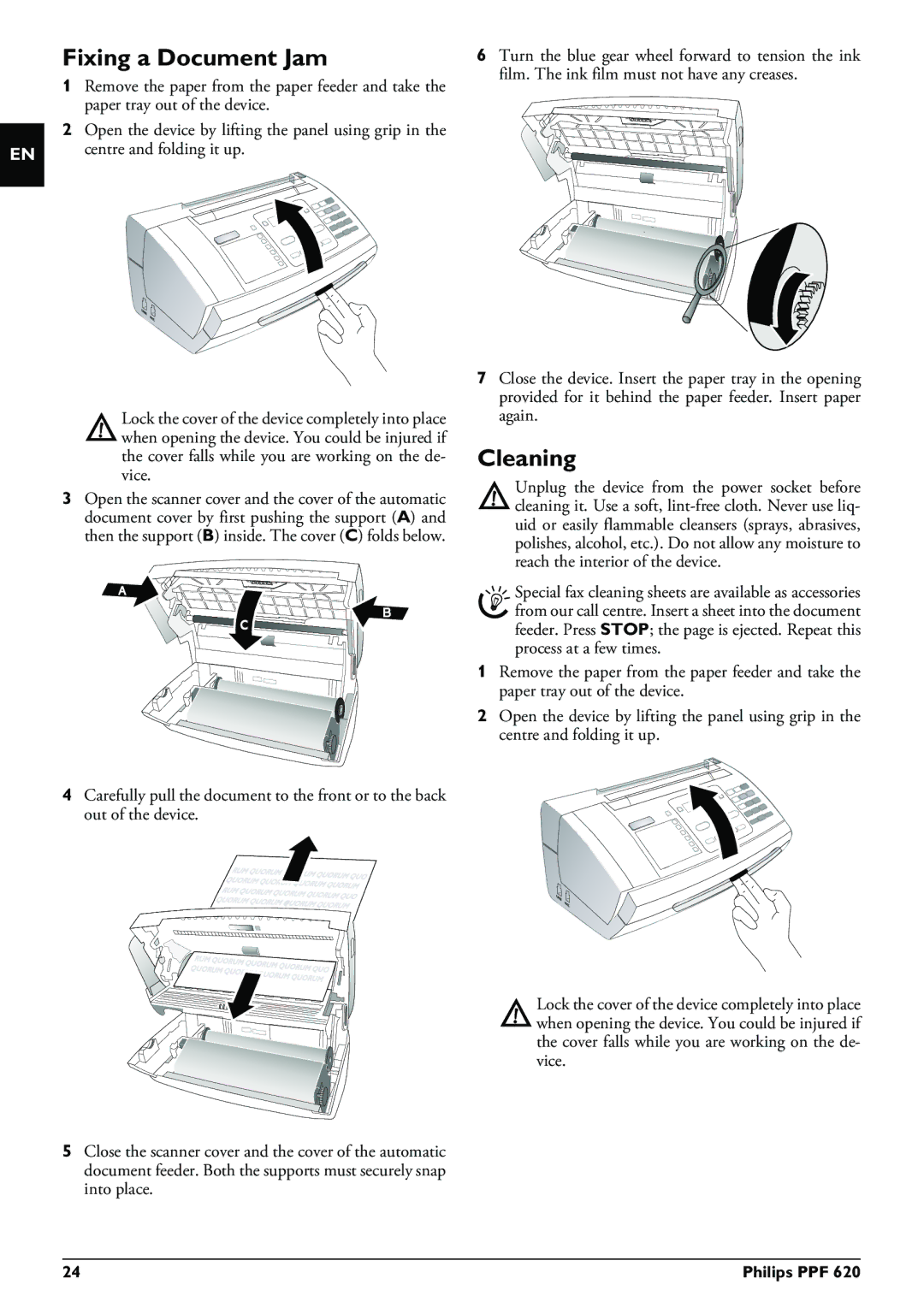 Philips PPF 620 user manual Fixing a Document Jam, Cleaning 