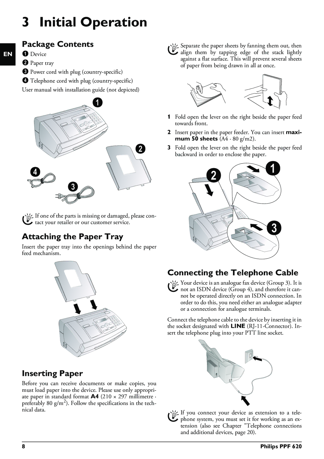 Philips PPF 620 user manual Initial Operation, Package Contents, Attaching the Paper Tray, Connecting the Telephone Cable 