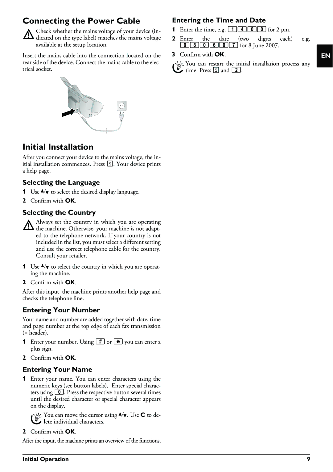 Philips PPF 620 user manual Connecting the Power Cable, Initial Installation 