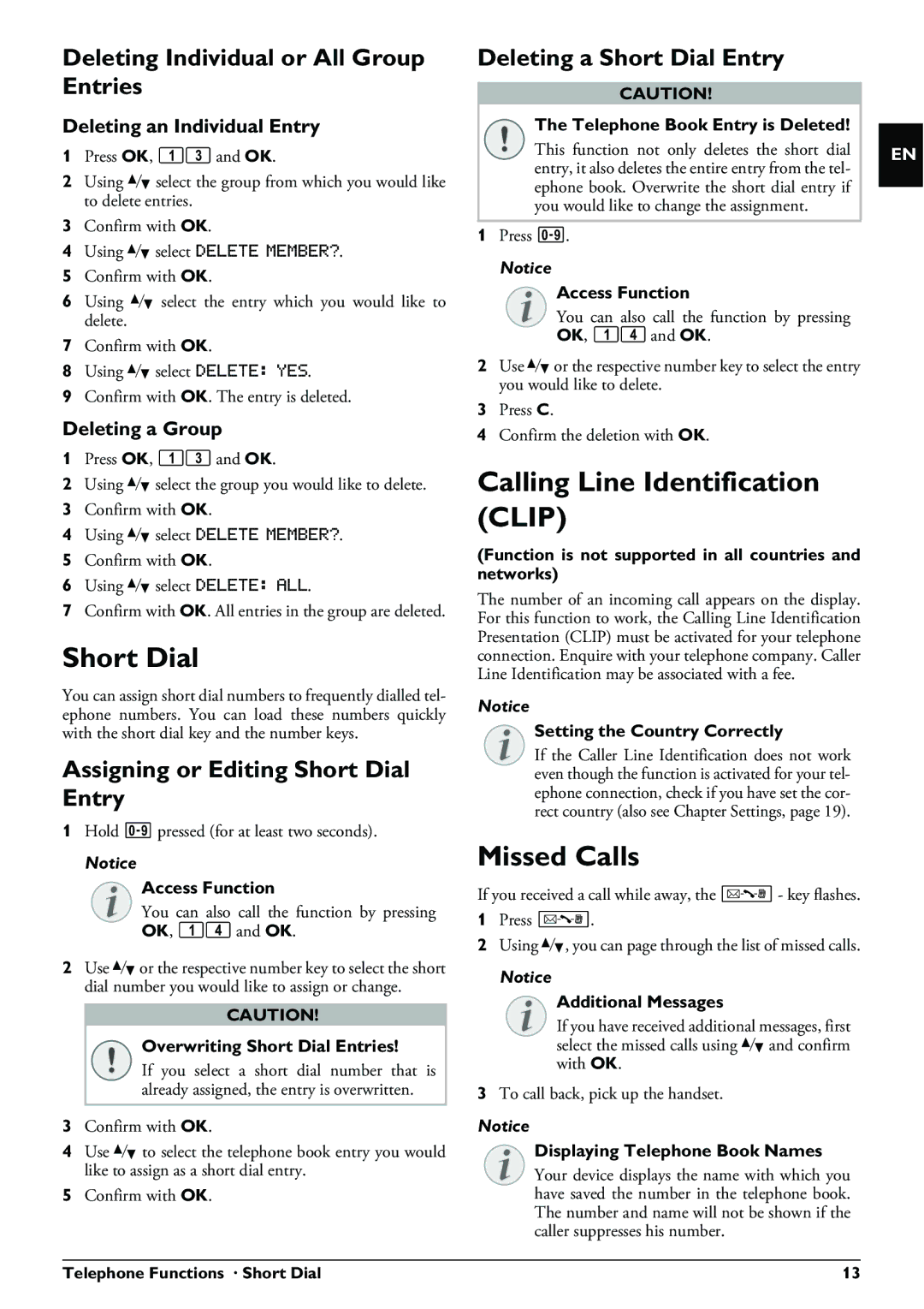 Philips PPF 631 user manual Short Dial, Calling Line Identification Clip, Missed Calls 