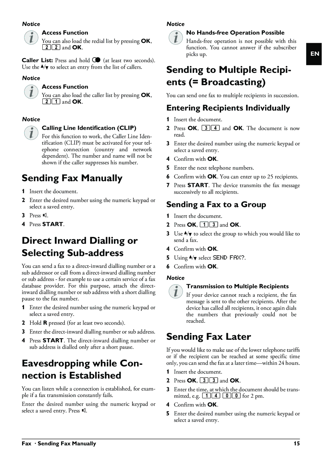 Philips PPF 631 user manual Sending Fax Manually, Direct Inward Dialling or Selecting Sub-address, Sending Fax Later 