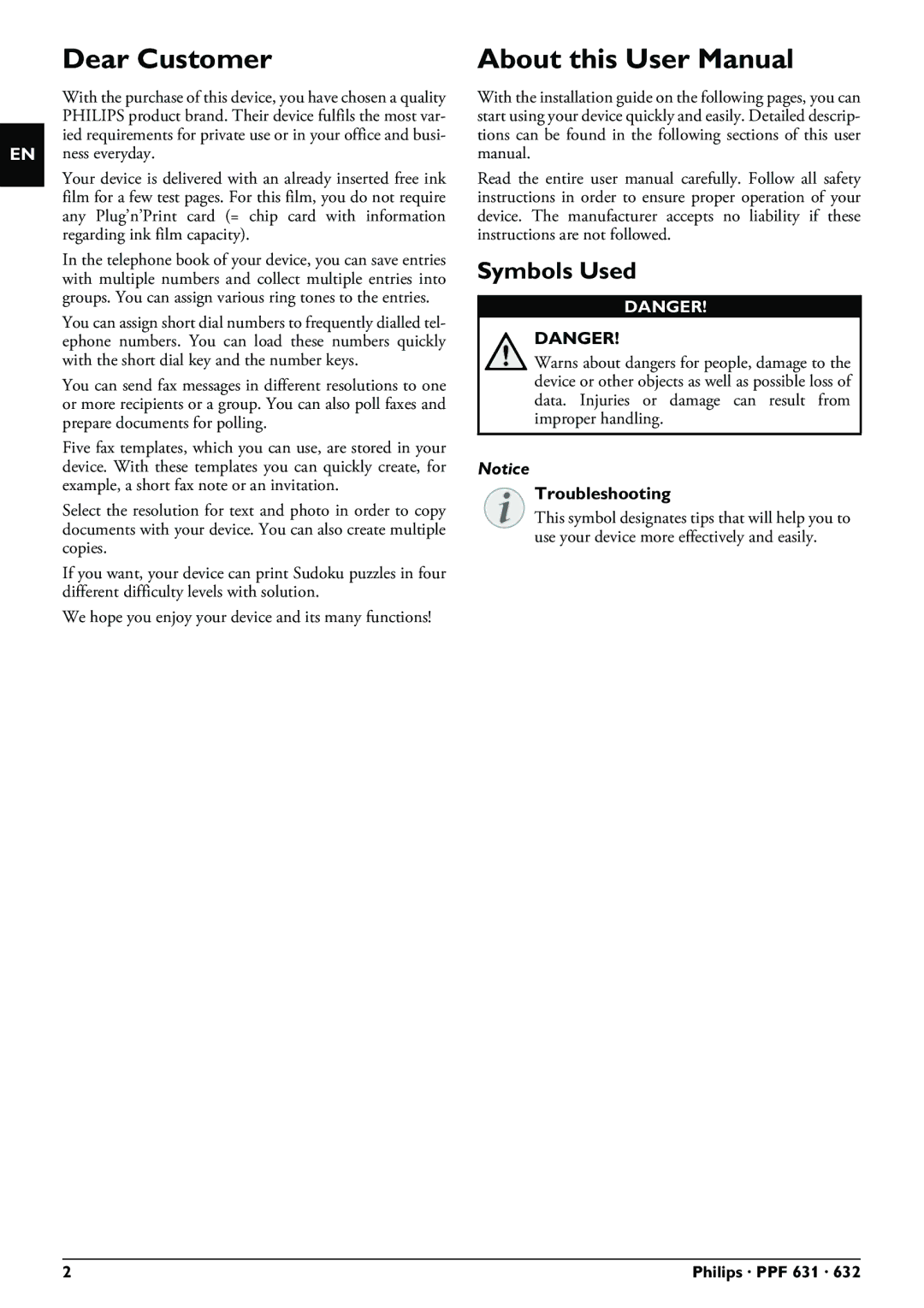 Philips PPF 631 user manual Dear Customer, Symbols Used, Troubleshooting 