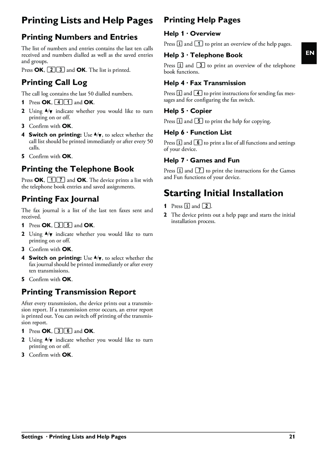 Philips PPF 631 user manual Printing Lists and Help Pages, Starting Initial Installation 