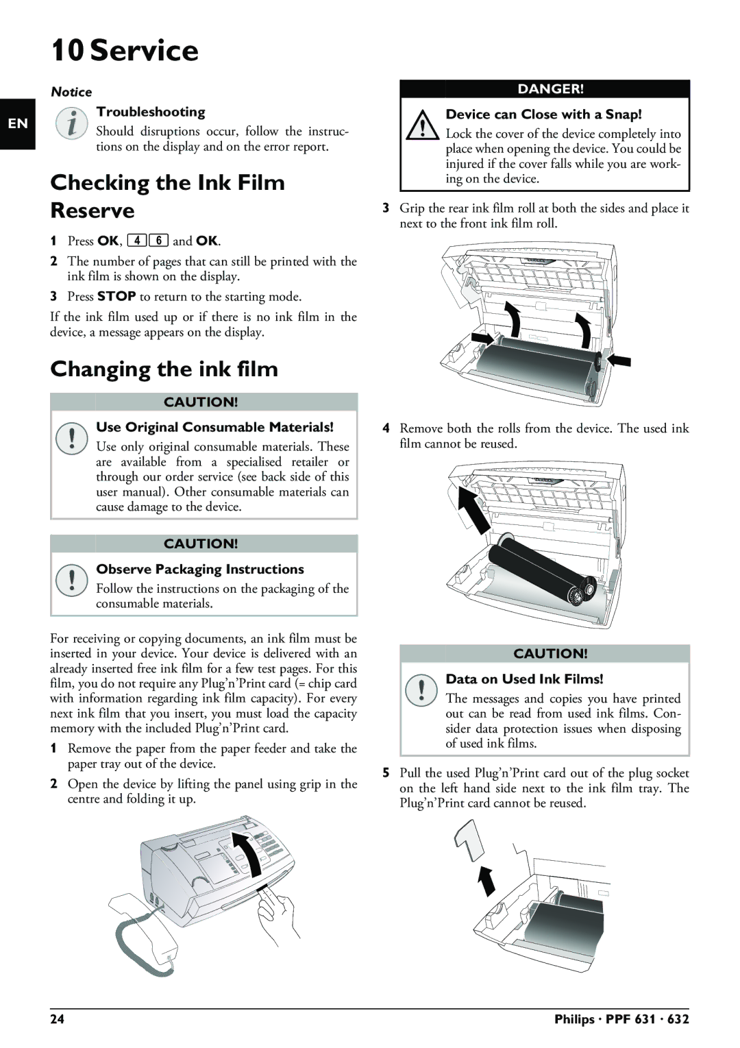 Philips PPF 631 user manual Service, Checking the Ink Film Reserve, Changing the ink film, Device can Close with a Snap 