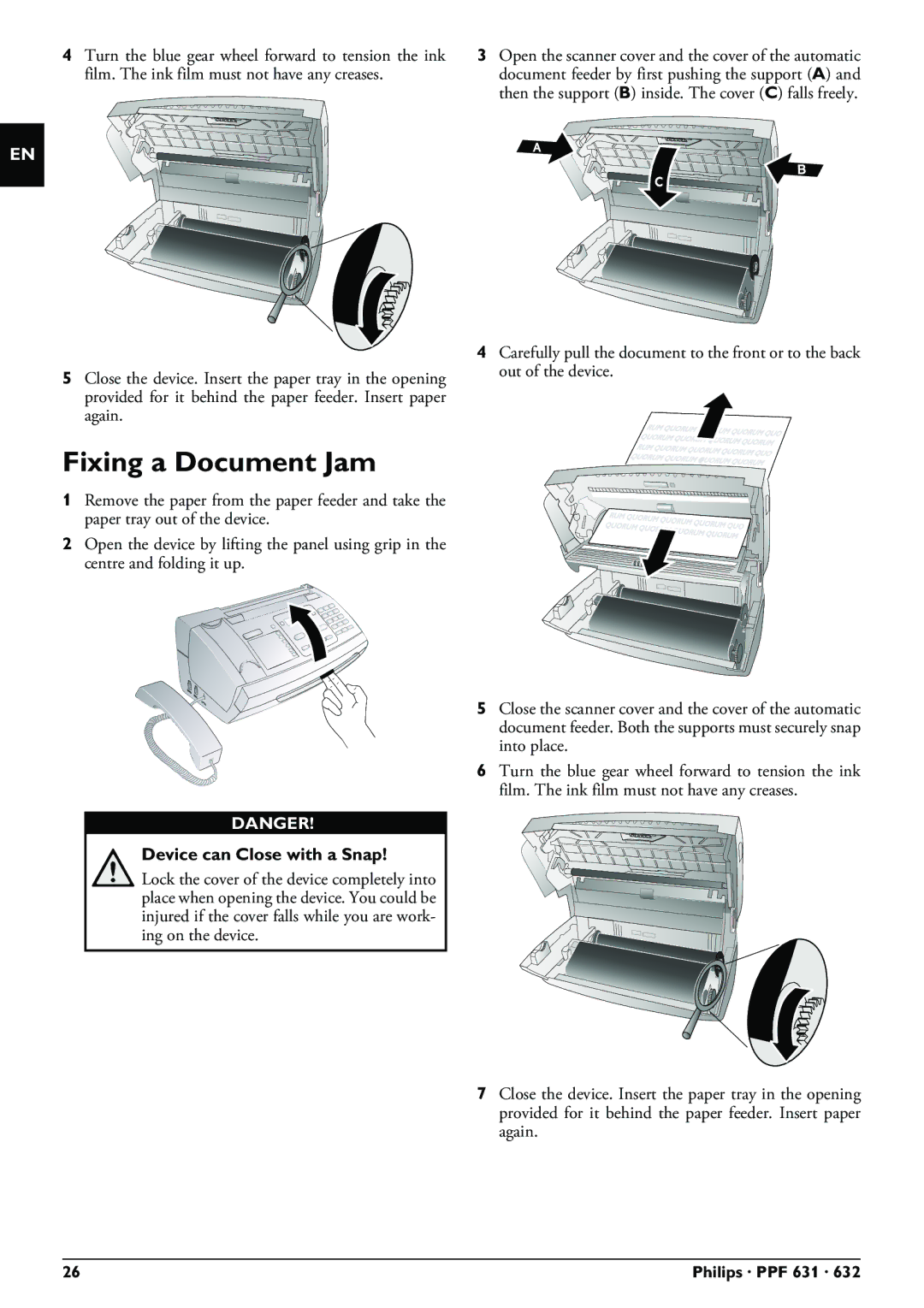 Philips PPF 631 user manual Fixing a Document Jam 