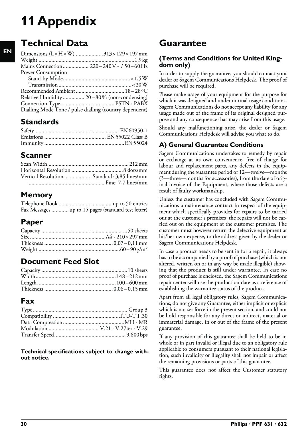 Philips PPF 631 user manual Appendix, Technical Data, Guarantee 