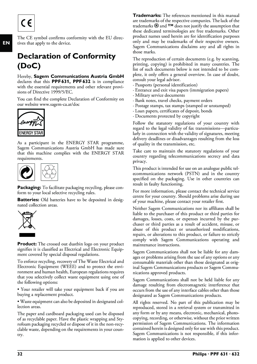 Philips PPF 631 user manual Declaration of Conformity DoC 