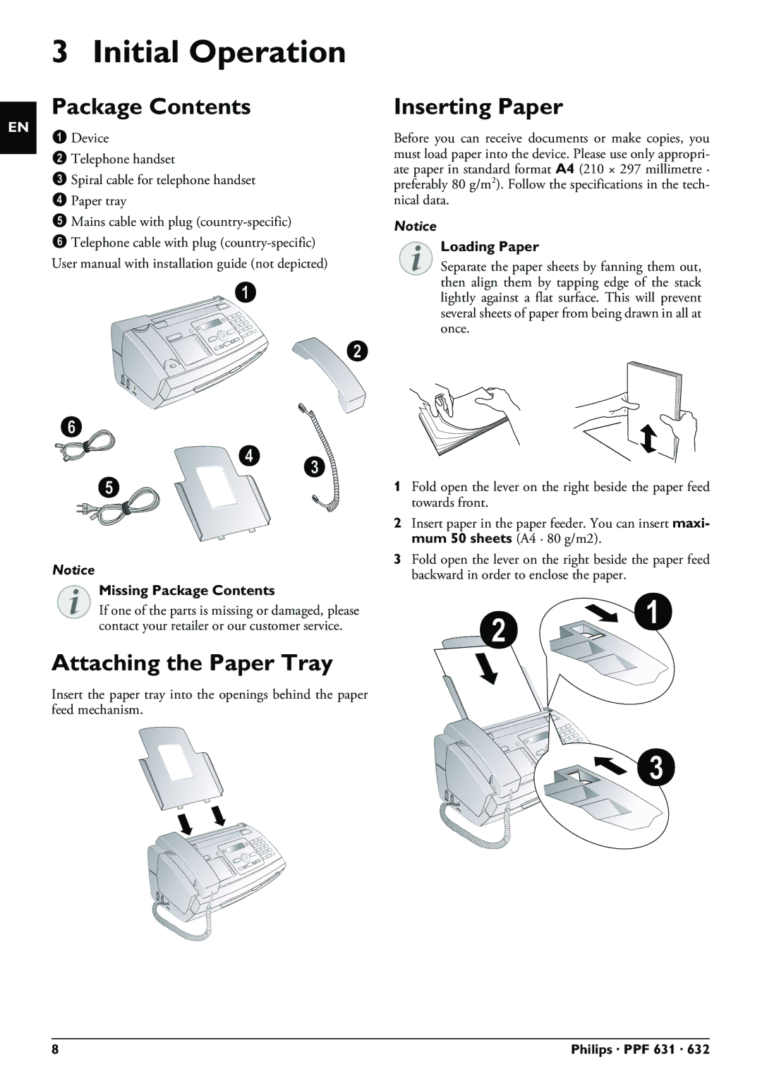 Philips PPF 631 user manual Initial Operation, Package Contents, Attaching the Paper Tray, Inserting Paper 