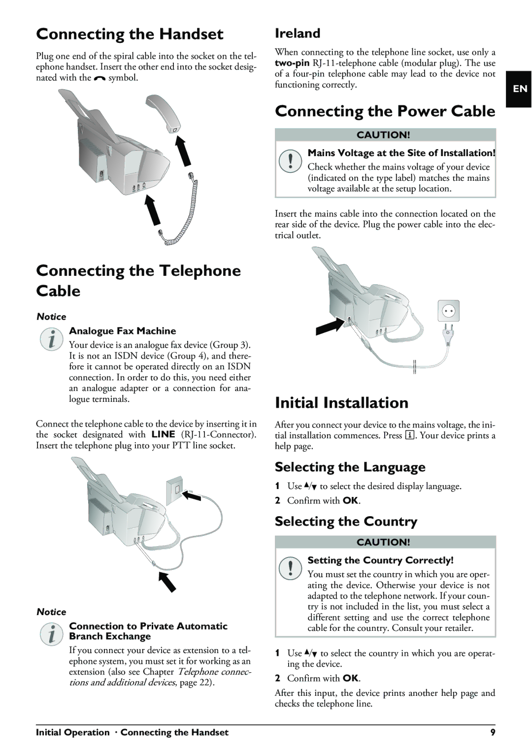 Philips PPF 631 Connecting the Handset, Connecting the Telephone Cable, Connecting the Power Cable, Initial Installation 