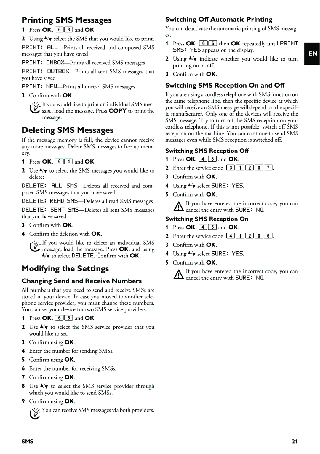 Philips PPF 632 user manual Printing SMS Messages, Deleting SMS Messages, Changing Send and Receive Numbers 