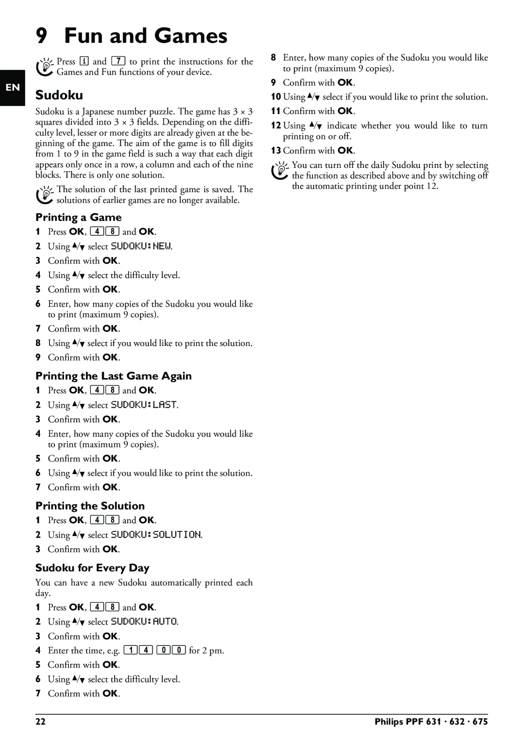 Philips PPF 632 user manual Fun and Games, Sudoku 