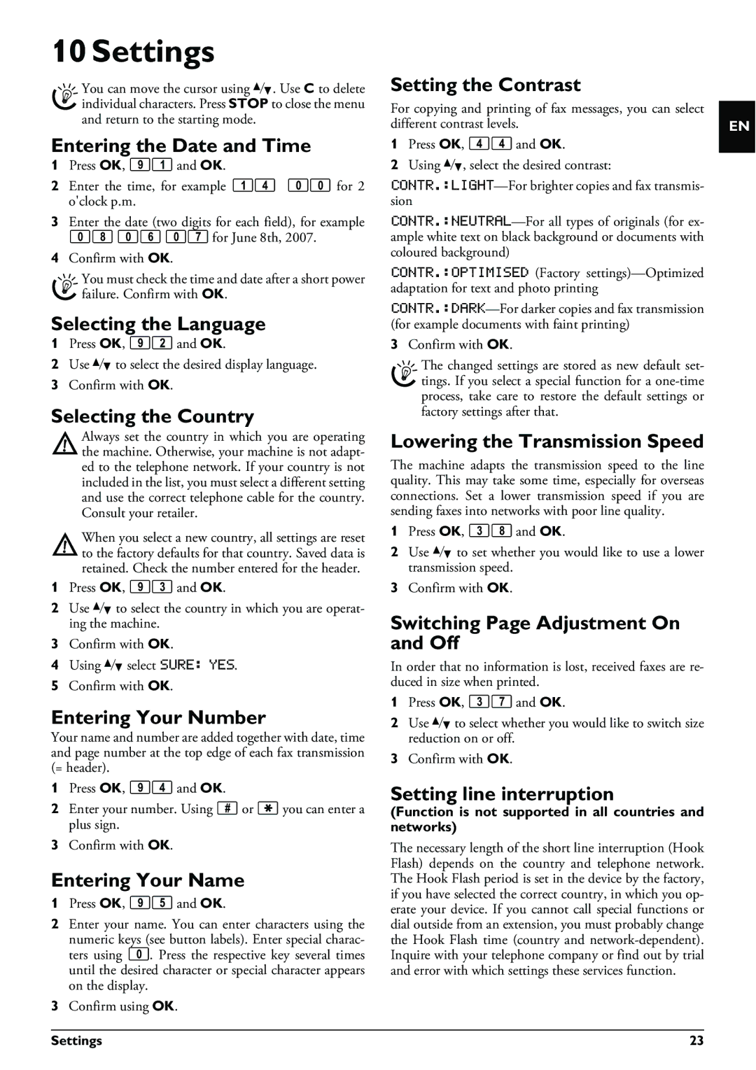 Philips PPF 632 user manual Settings 