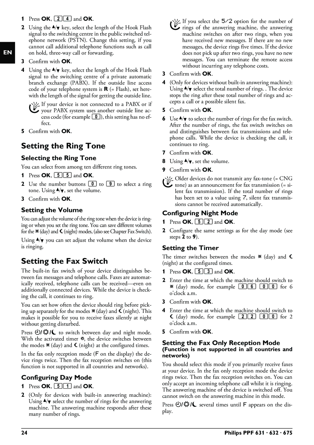 Philips PPF 632 user manual Setting the Ring Tone, Setting the Fax Switch 