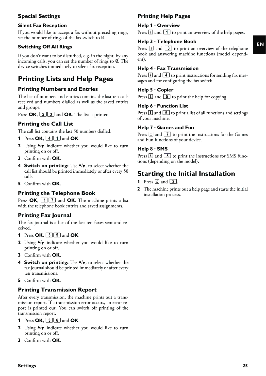 Philips PPF 632 user manual Printing Lists and Help Pages, Starting the Initial Installation 