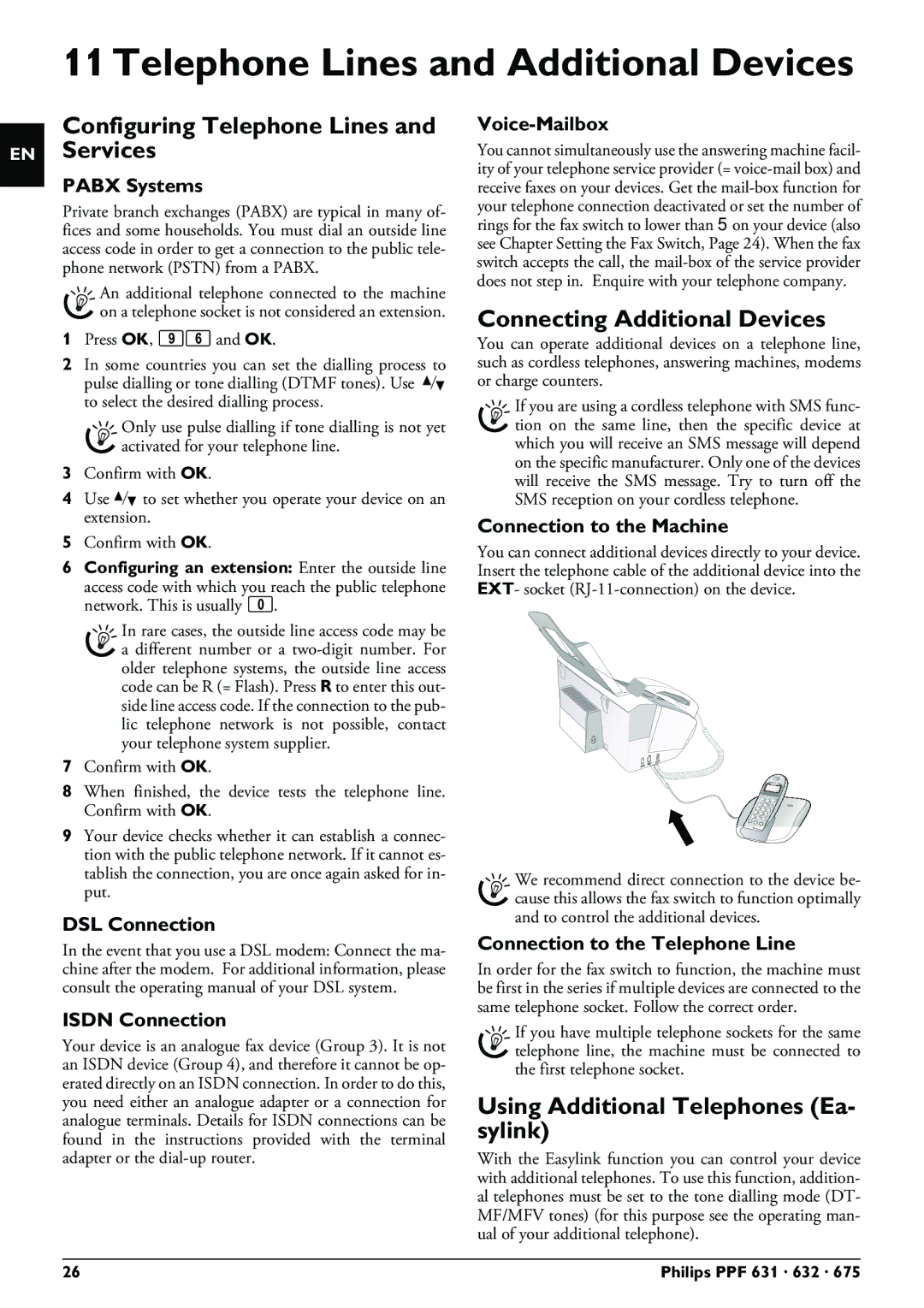 Philips PPF 632 user manual Telephone Lines and Additional Devices, Configuring Telephone Lines and Services 