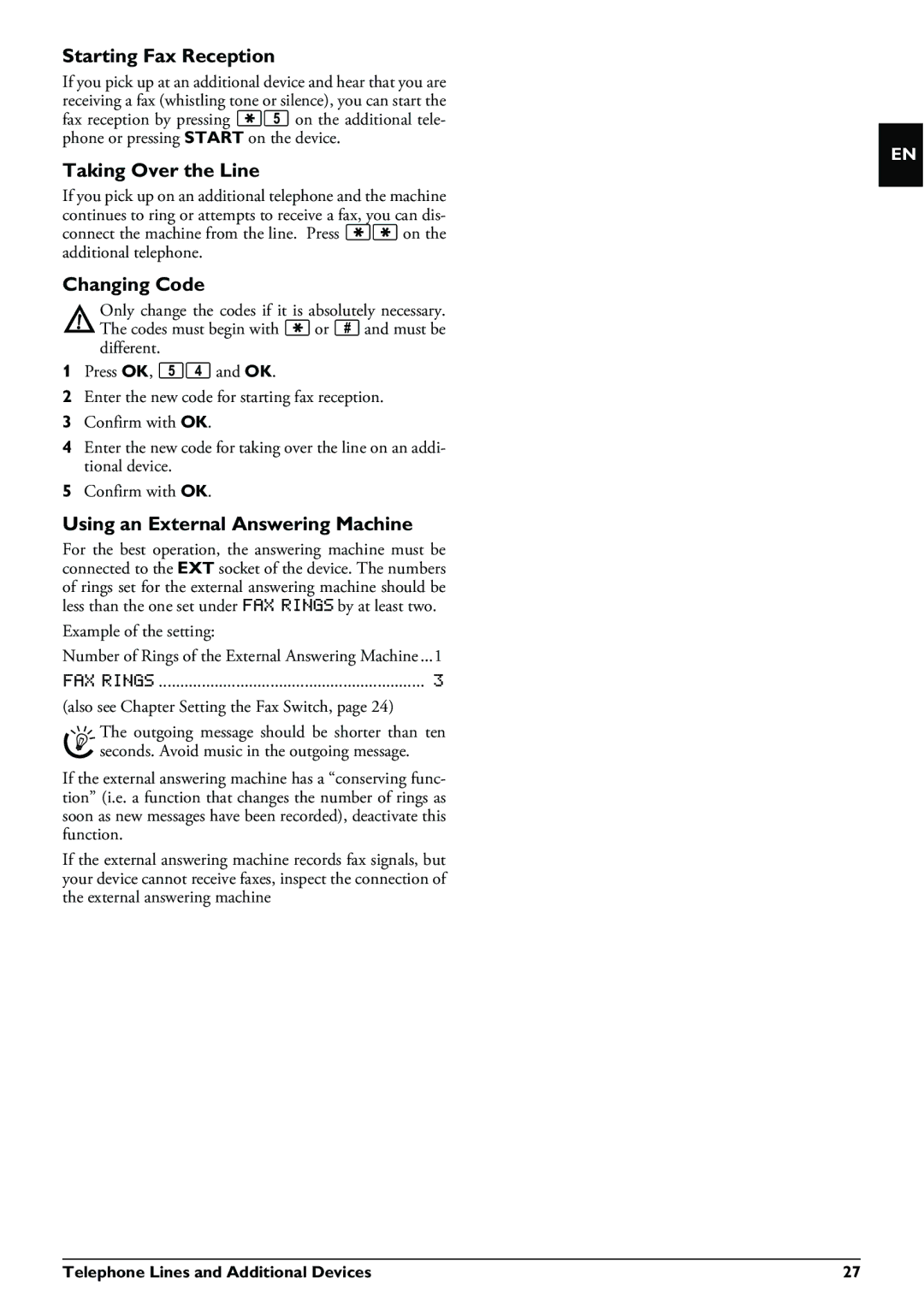 Philips PPF 632 Starting Fax Reception, Taking Over the Line, Changing Code, Using an External Answering Machine 