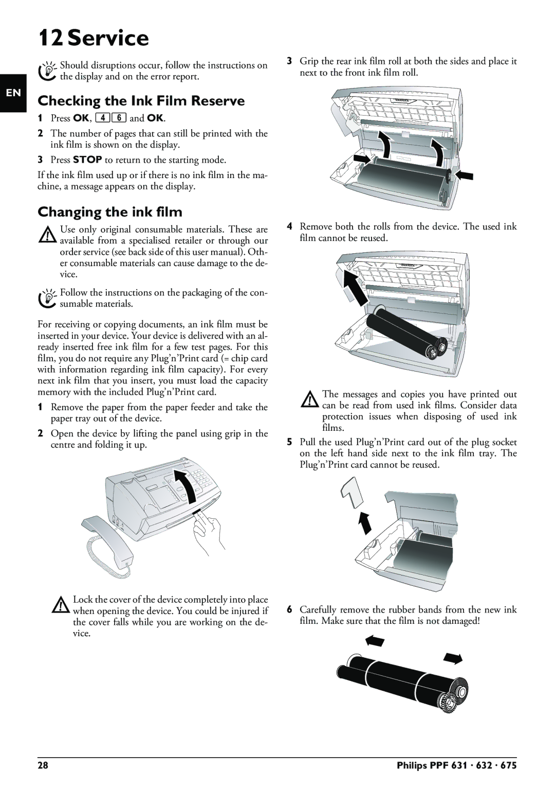 Philips PPF 632 user manual Service, Checking the Ink Film Reserve, Changing the ink film 