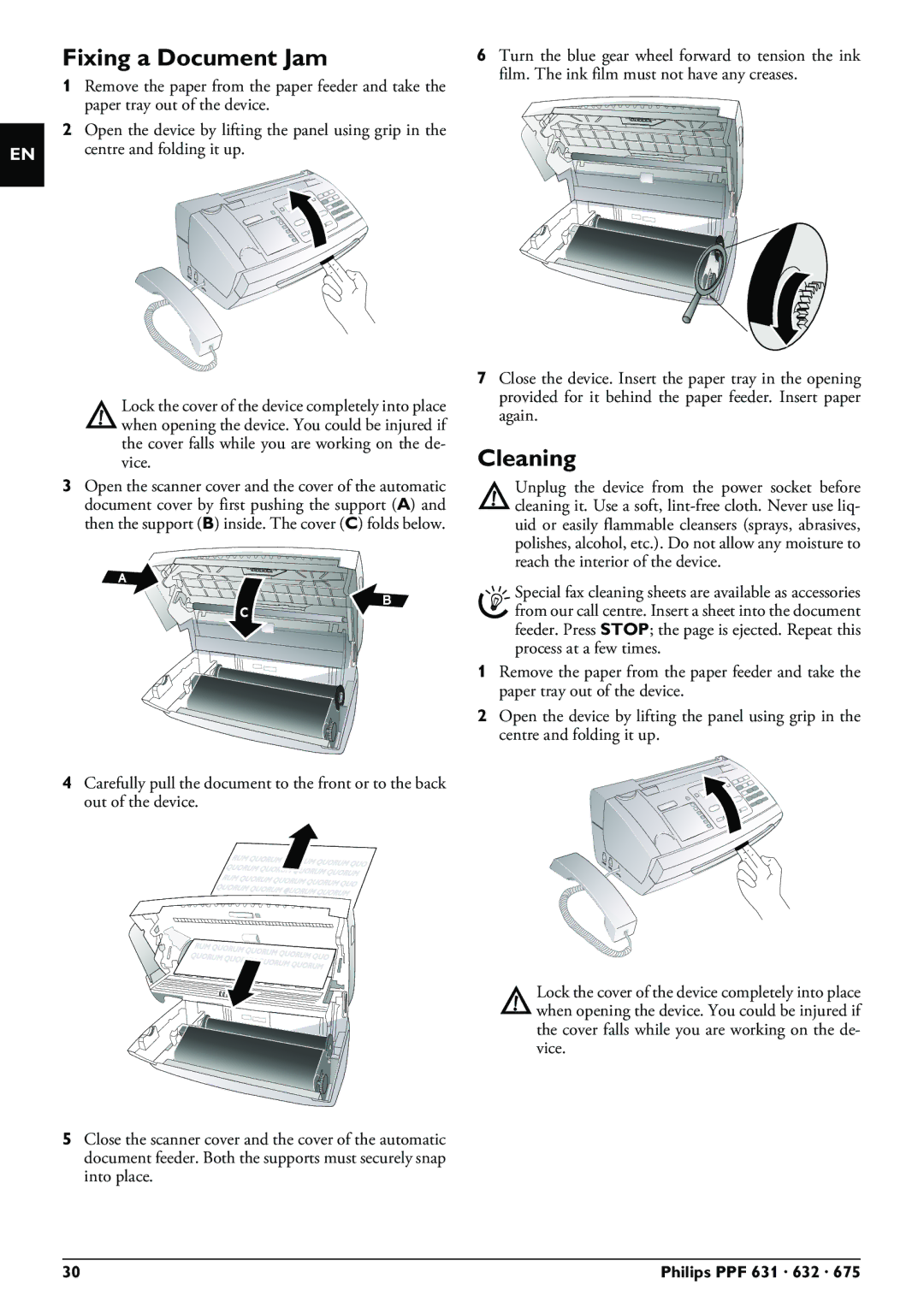 Philips PPF 632 user manual Fixing a Document Jam, Cleaning 