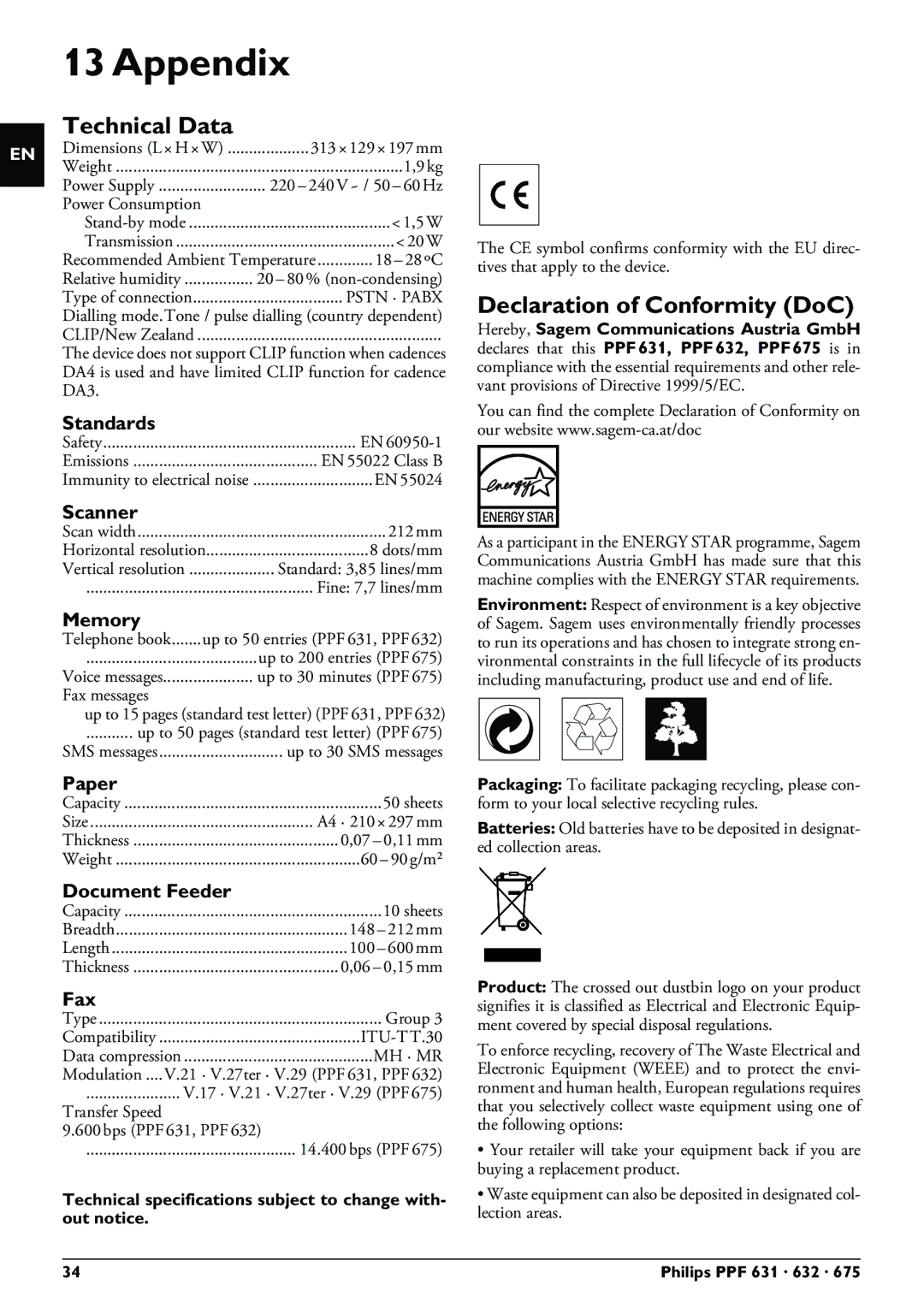 Philips PPF 632 user manual Appendix, Technical Data, Declaration of Conformity DoC 