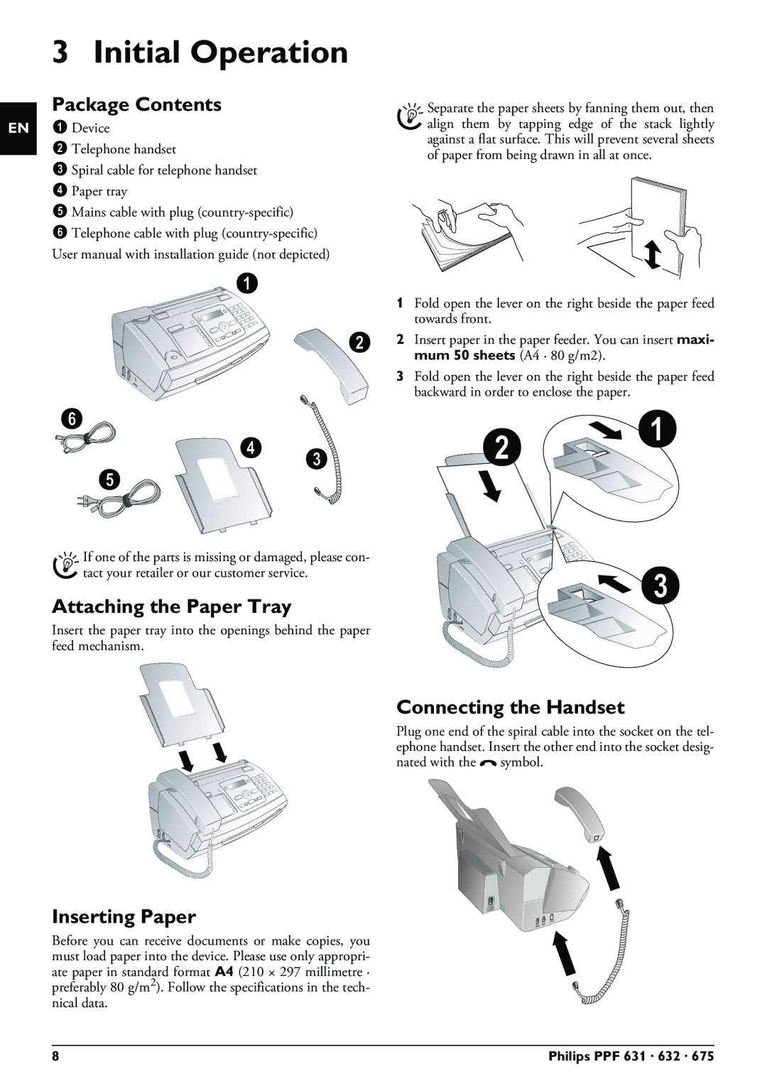 Philips PPF 632 Initial Operation, Package Contents, Attaching the Paper Tray, Inserting Paper, Connecting the Handset 