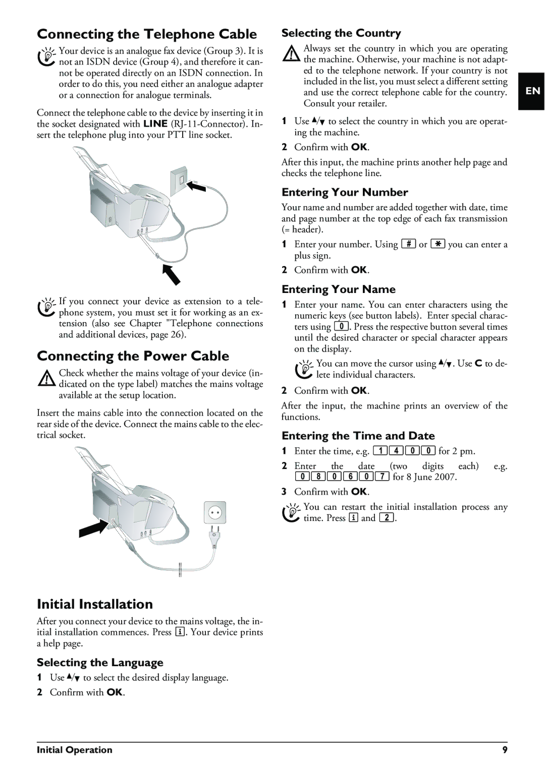 Philips PPF 632 user manual Connecting the Telephone Cable, Connecting the Power Cable, Initial Installation 