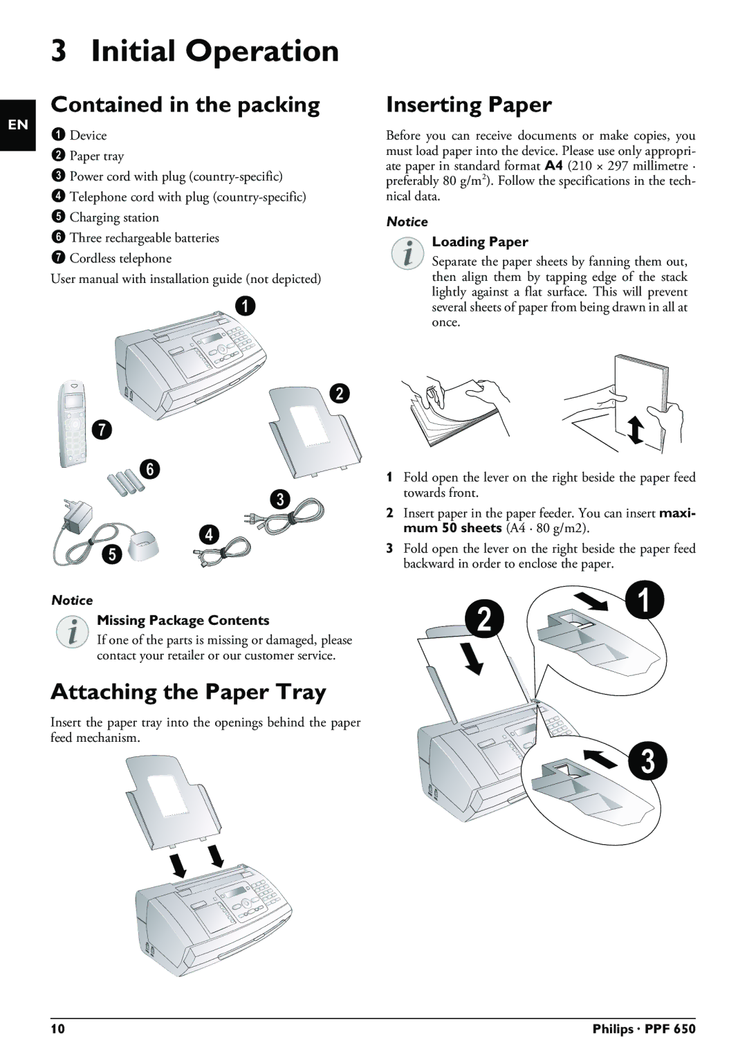 Philips PPF 650 user manual Initial Operation, Contained in the packing, Attaching the Paper Tray, Inserting Paper 