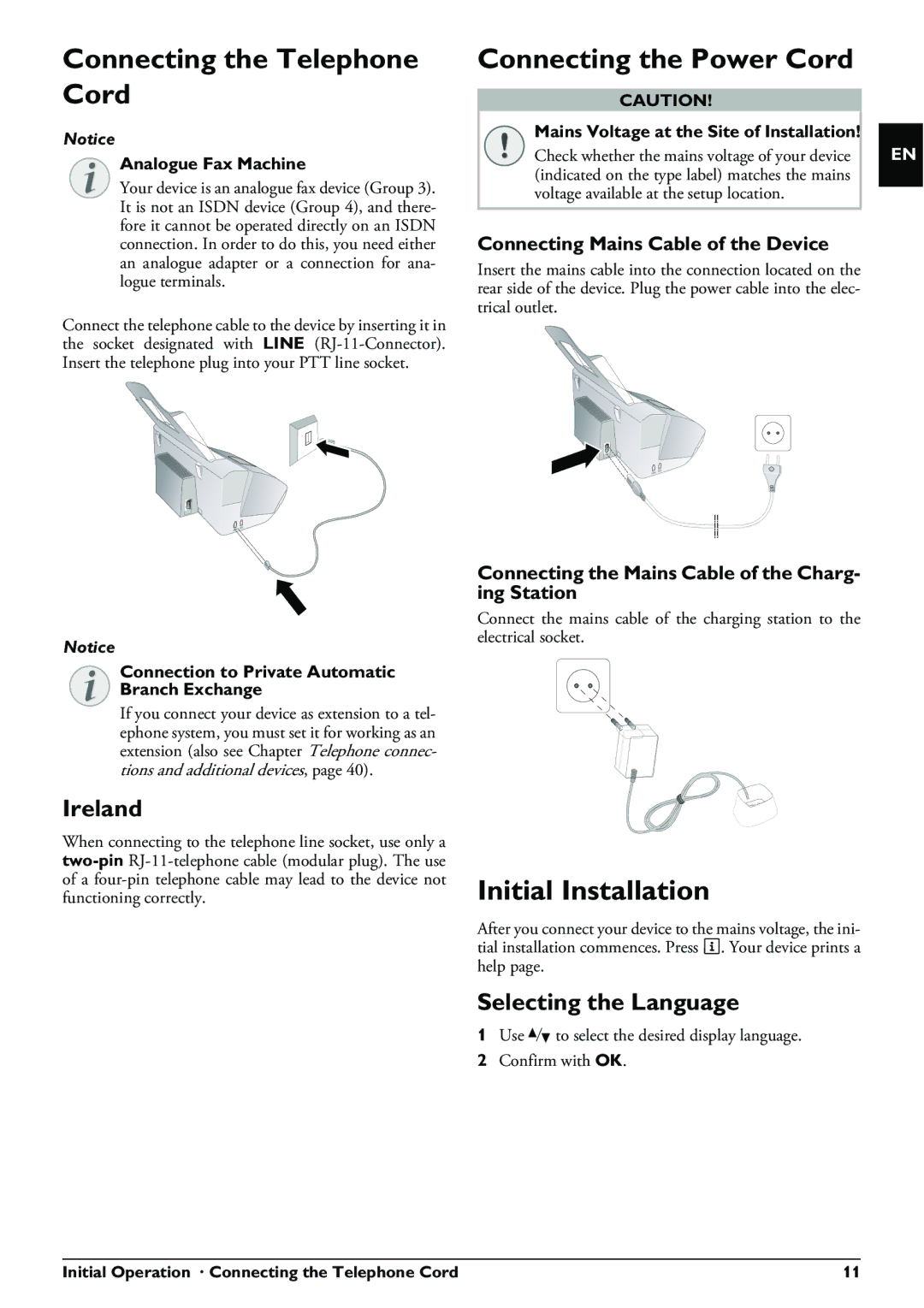 Philips PPF 650 user manual Connecting the Telephone Cord, Connecting the Power Cord, Initial Installation, Ireland 