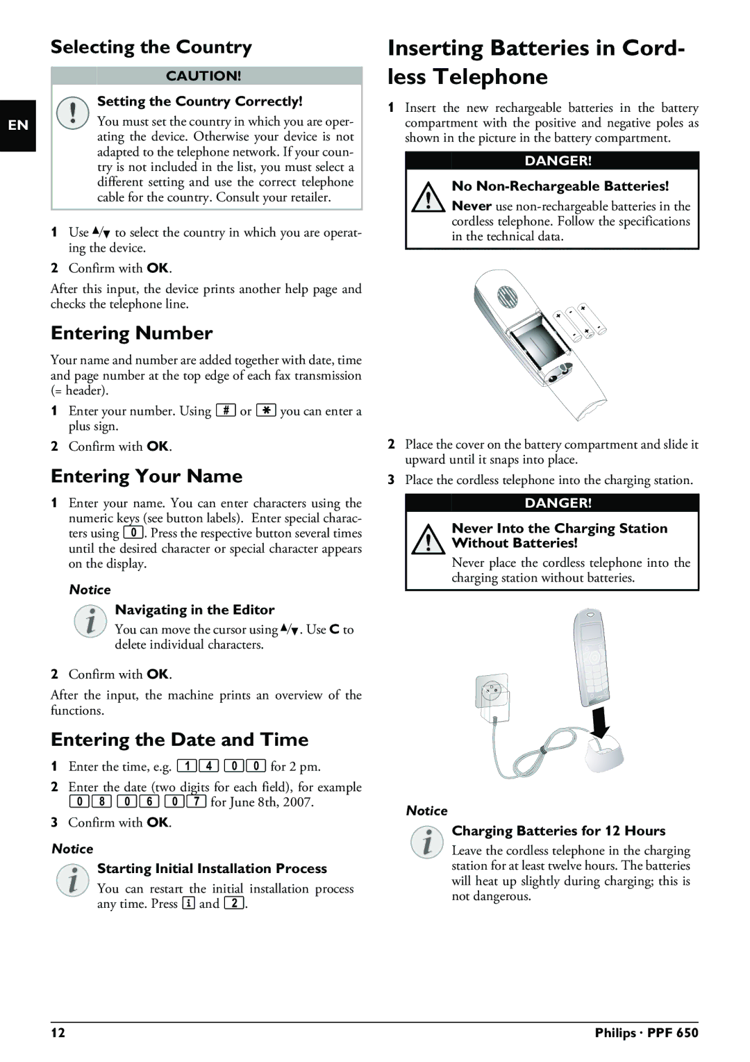 Philips PPF 650 Inserting Batteries in Cord- less Telephone, Selecting the Country, Entering Number, Entering Your Name 