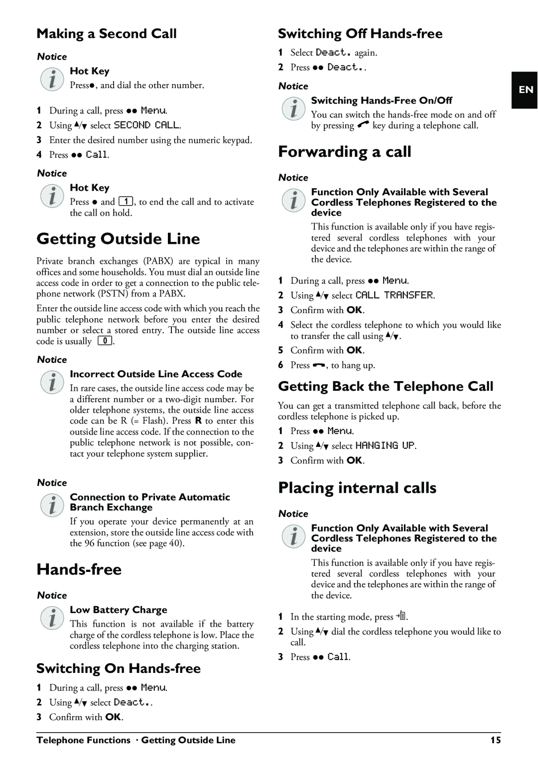 Philips PPF 650 user manual Getting Outside Line, Hands-free, Forwarding a call, Placing internal calls 