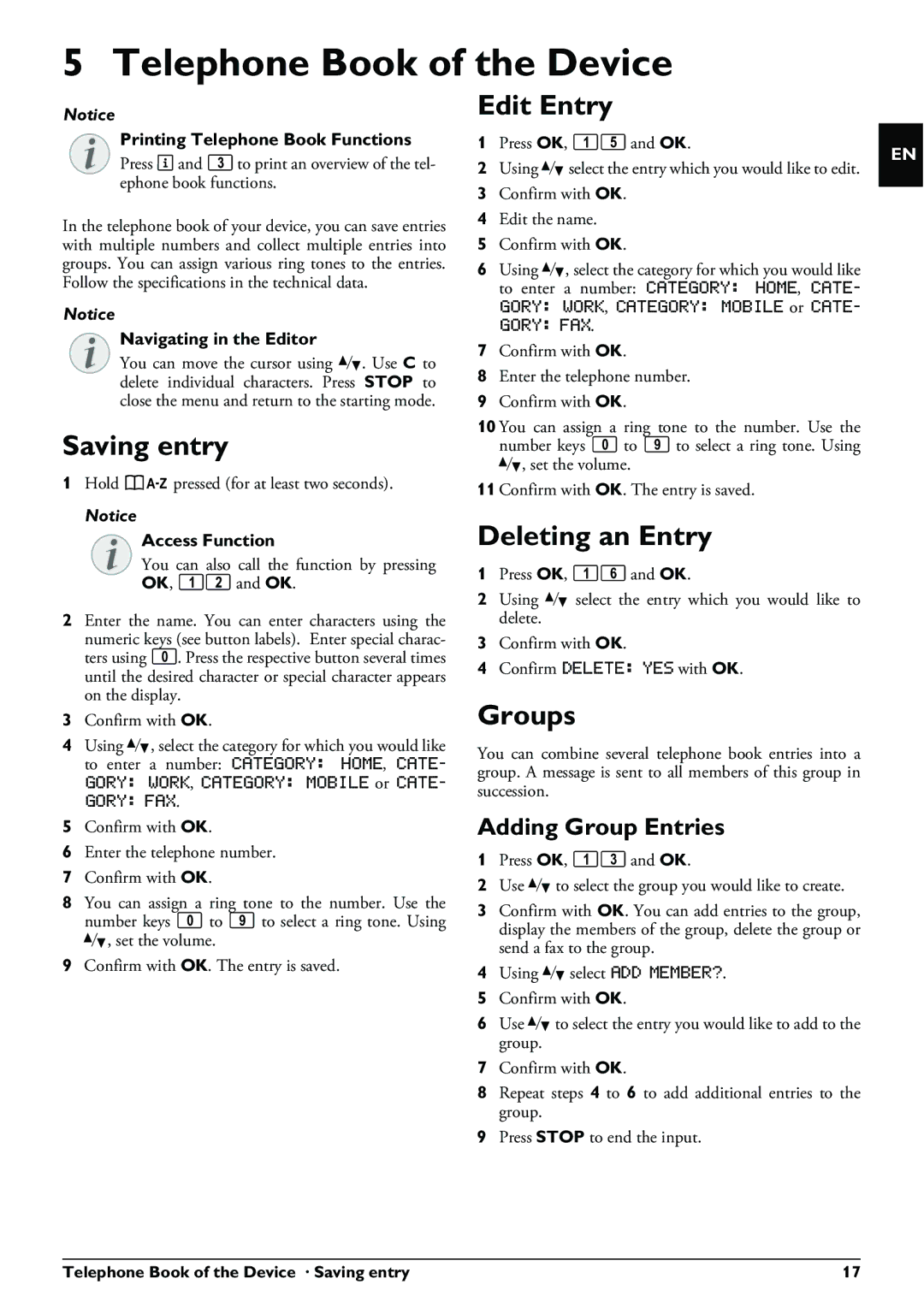 Philips PPF 650 user manual Telephone Book of the Device, Saving entry, Edit Entry, Deleting an Entry, Groups 