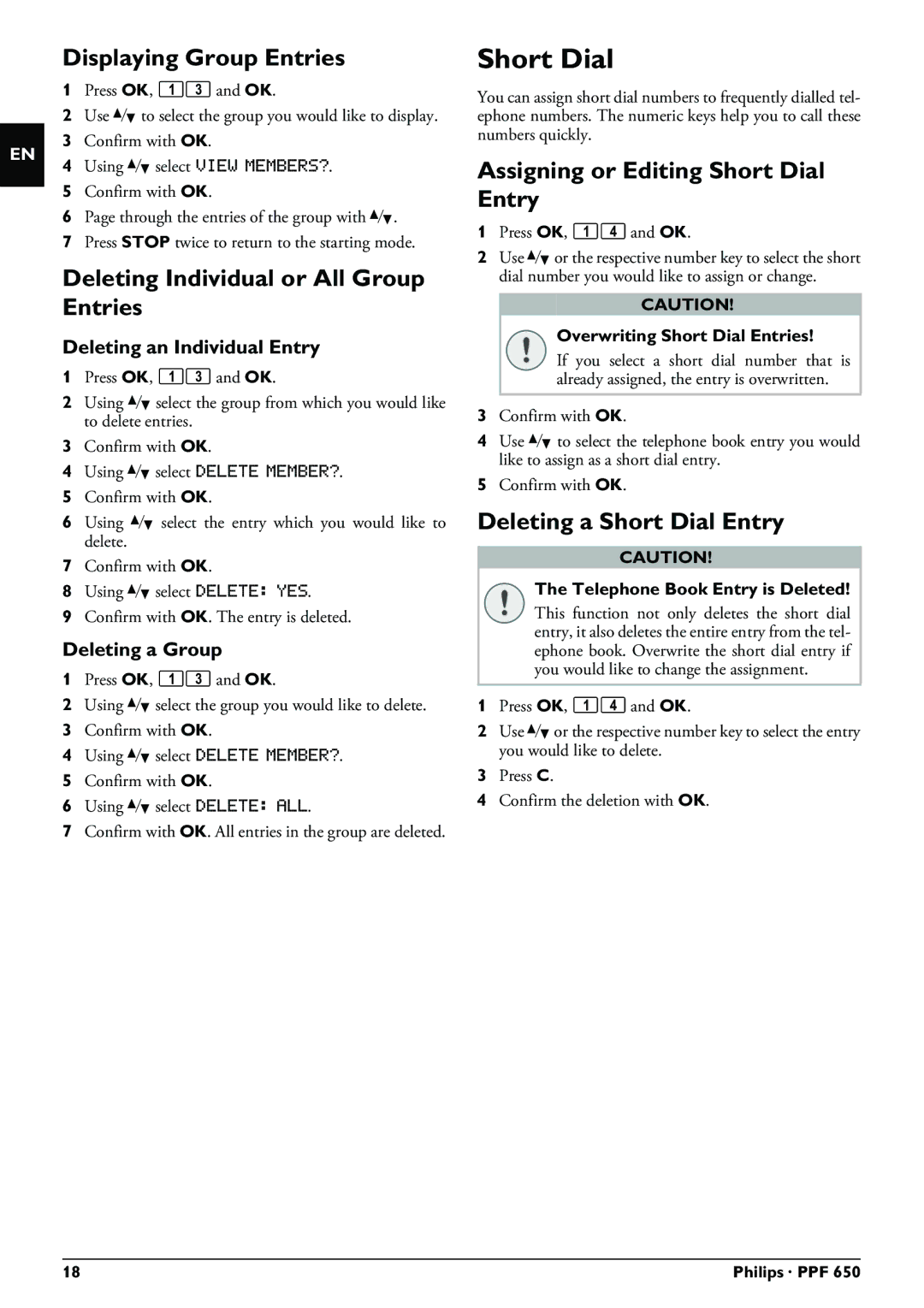 Philips PPF 650 user manual Short Dial, Displaying Group Entries, Deleting Individual or All Group Entries 