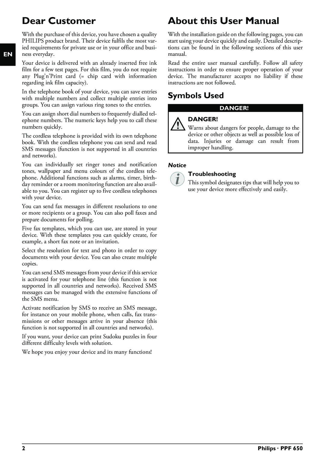 Philips PPF 650 user manual Dear Customer, Symbols Used, Troubleshooting 