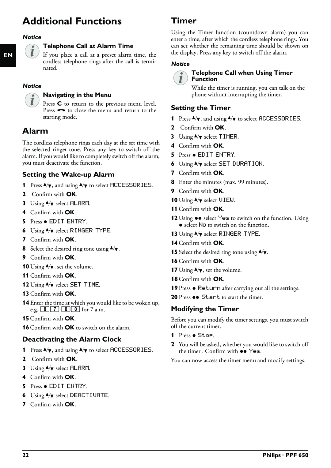 Philips PPF 650 user manual Additional Functions, Alarm, Timer 