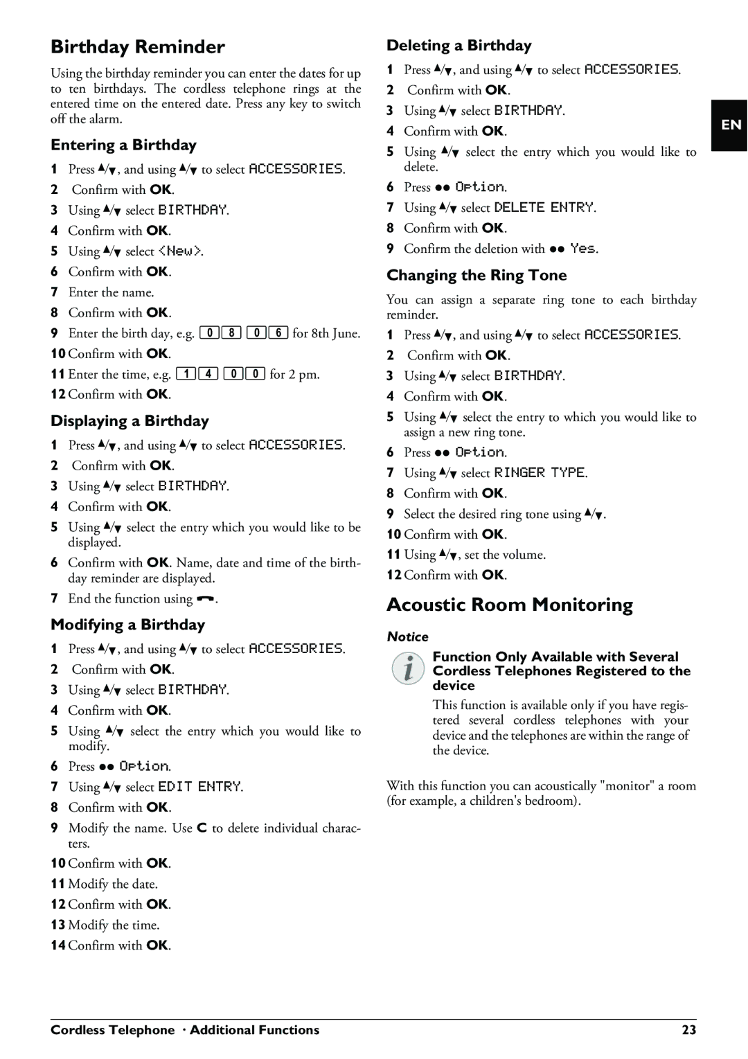 Philips PPF 650 user manual Birthday Reminder, Acoustic Room Monitoring 