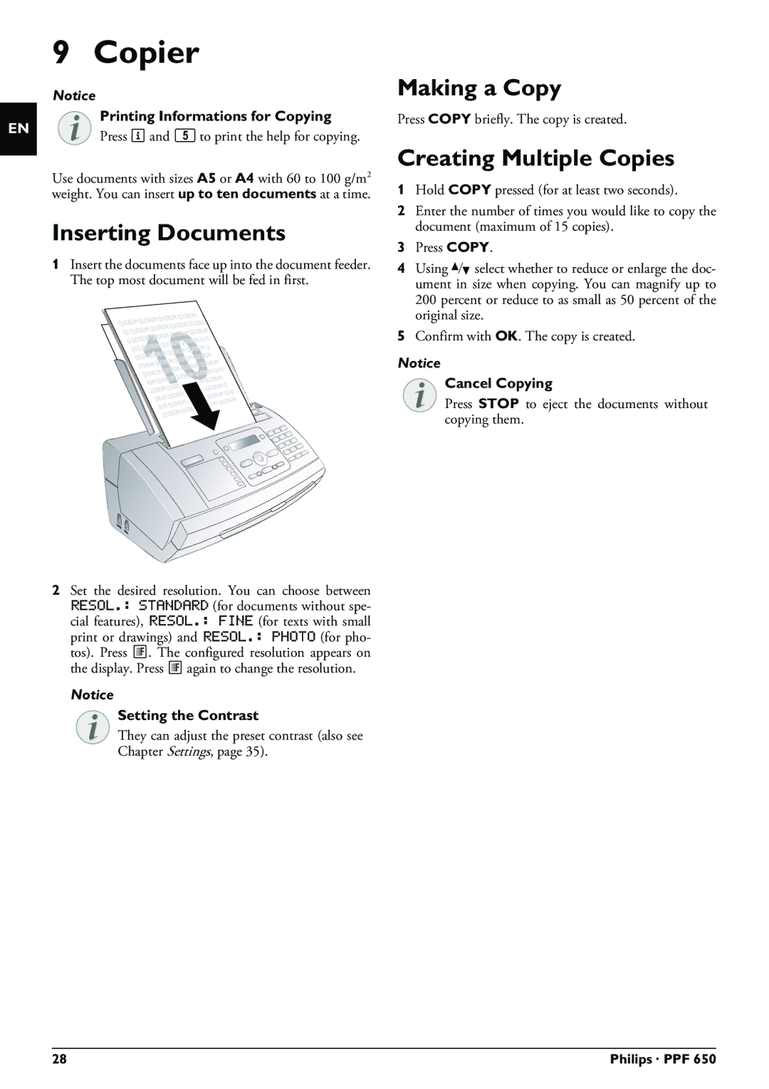 Philips PPF 650 user manual Copier, Inserting Documents, Making a Copy, Creating Multiple Copies 