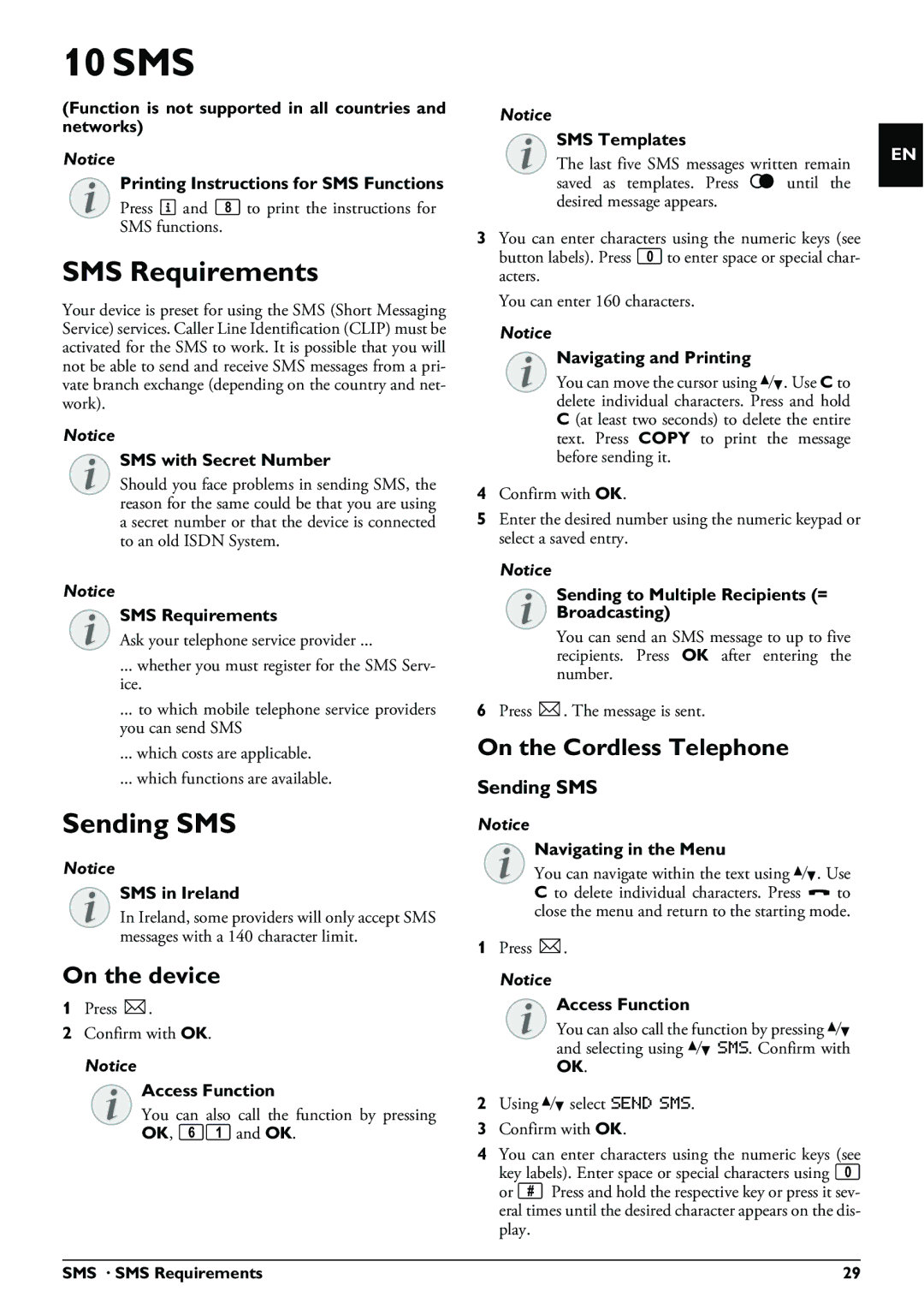 Philips PPF 650 user manual 10 SMS, SMS Requirements, Sending SMS, On the device, On the Cordless Telephone 