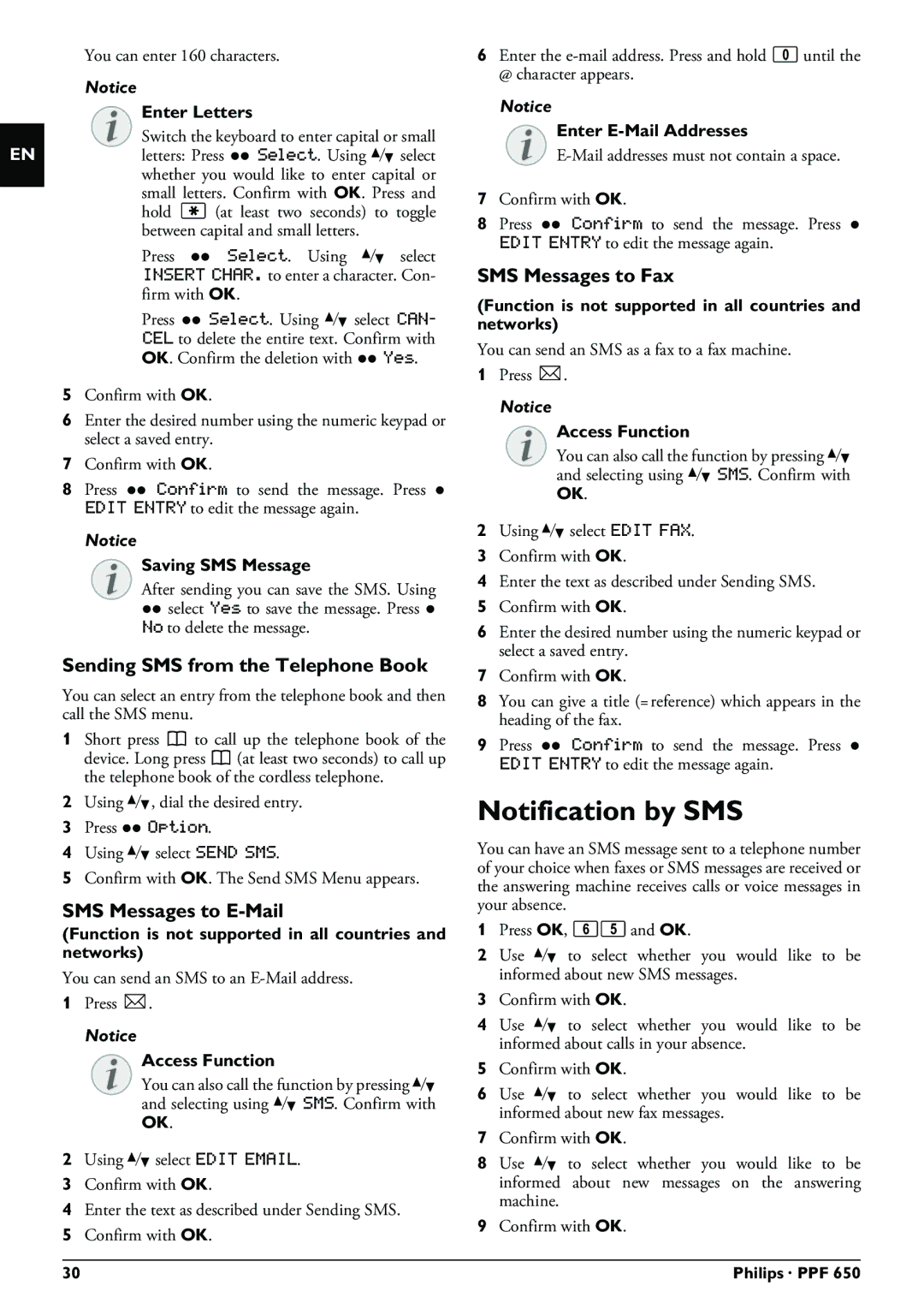 Philips PPF 650 Notification by SMS, Sending SMS from the Telephone Book, SMS Messages to E-Mail, SMS Messages to Fax 