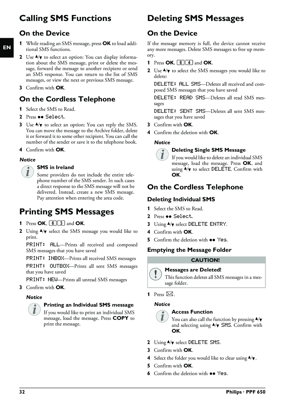 Philips PPF 650 user manual Calling SMS Functions Deleting SMS Messages, Printing SMS Messages, Deleting Individual SMS 